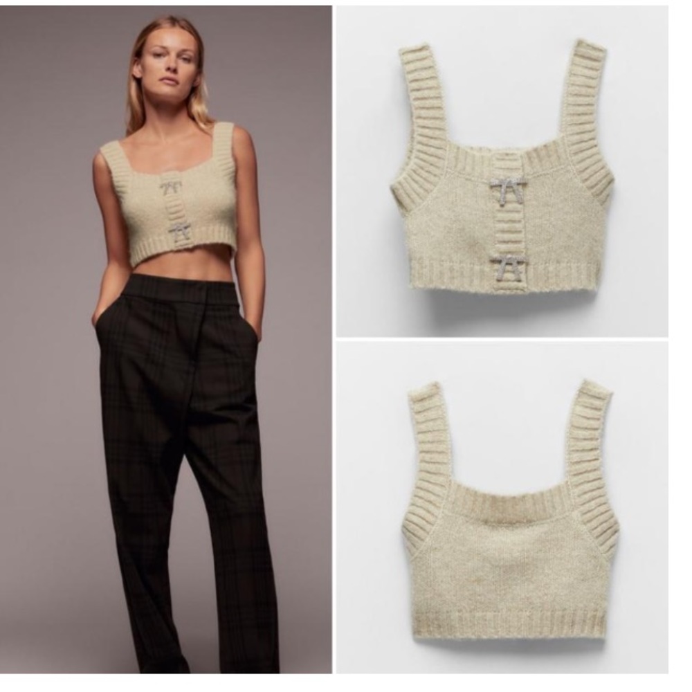 Zara Sage Light Green Knit Top With Rhinestone Buttons 9598/123 M